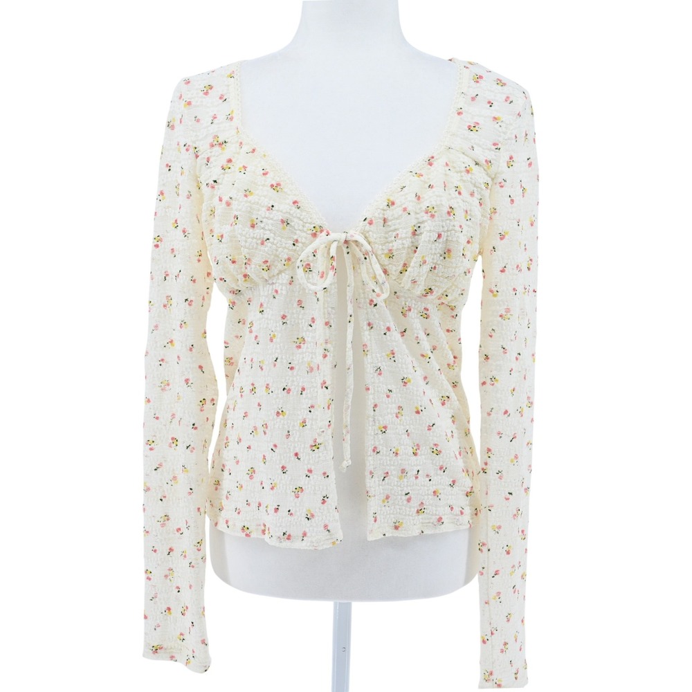 Y2K Ditsy Floral Sheer Lace TieFront Balletcore Shirt Coquette Cottagecore Shrug